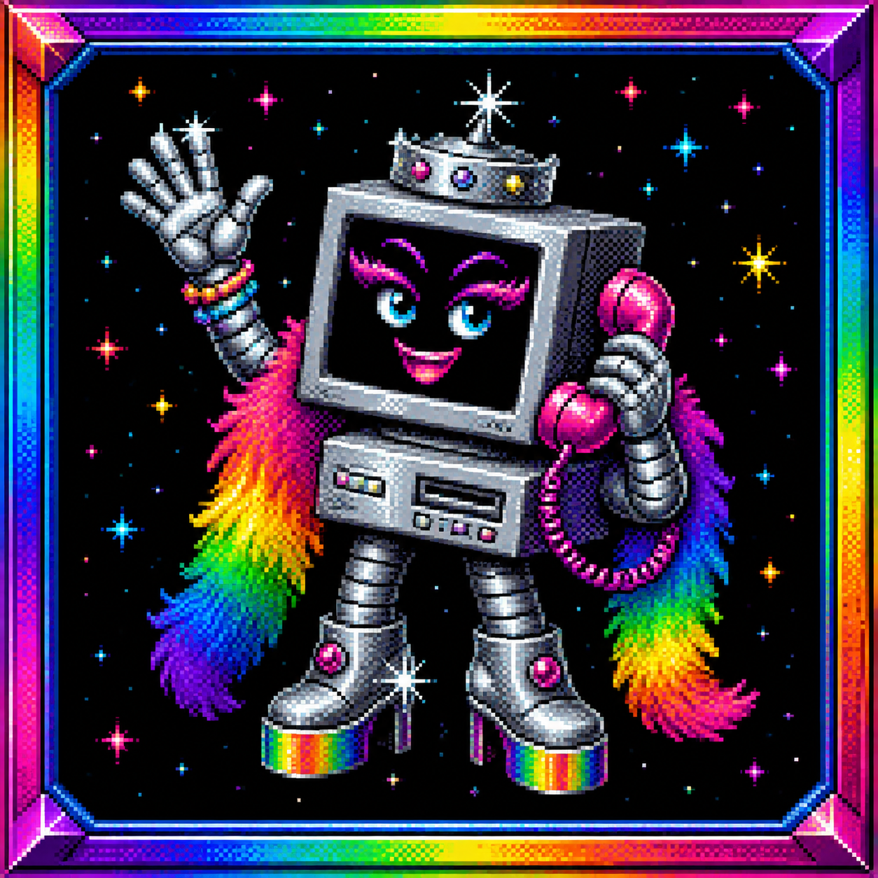 Pixel-art Pyylmao mascot: a glamorous CRT robot in a rainbow boa and platform boots